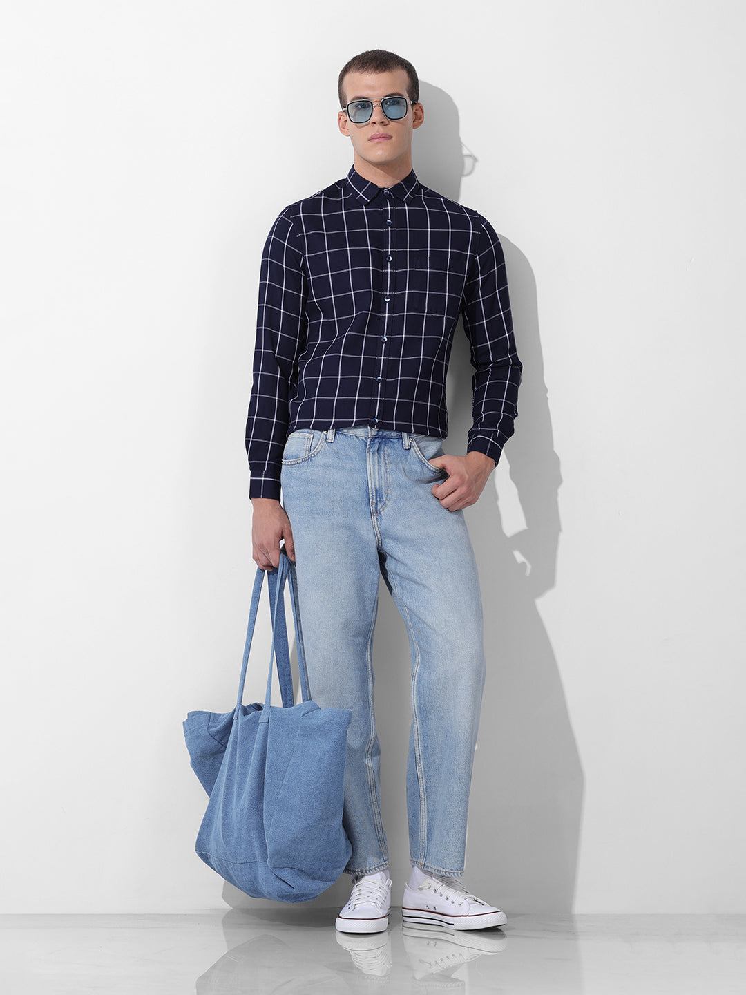 Men's Navy Slim Fit Checked Casual Shirt