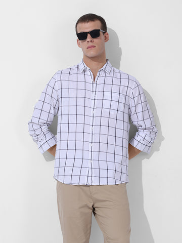 Men's White Slim Fit Checked Casual Shirt