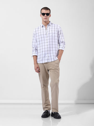 Men's White Slim Fit Checked Casual Shirt