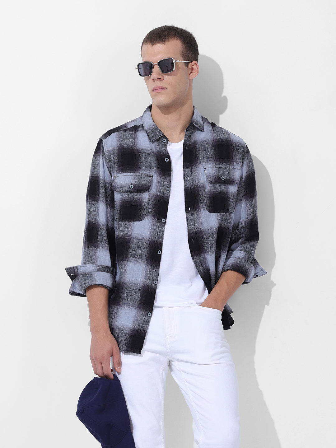 Men's Grey Slim Fit Checked Casual Shirt