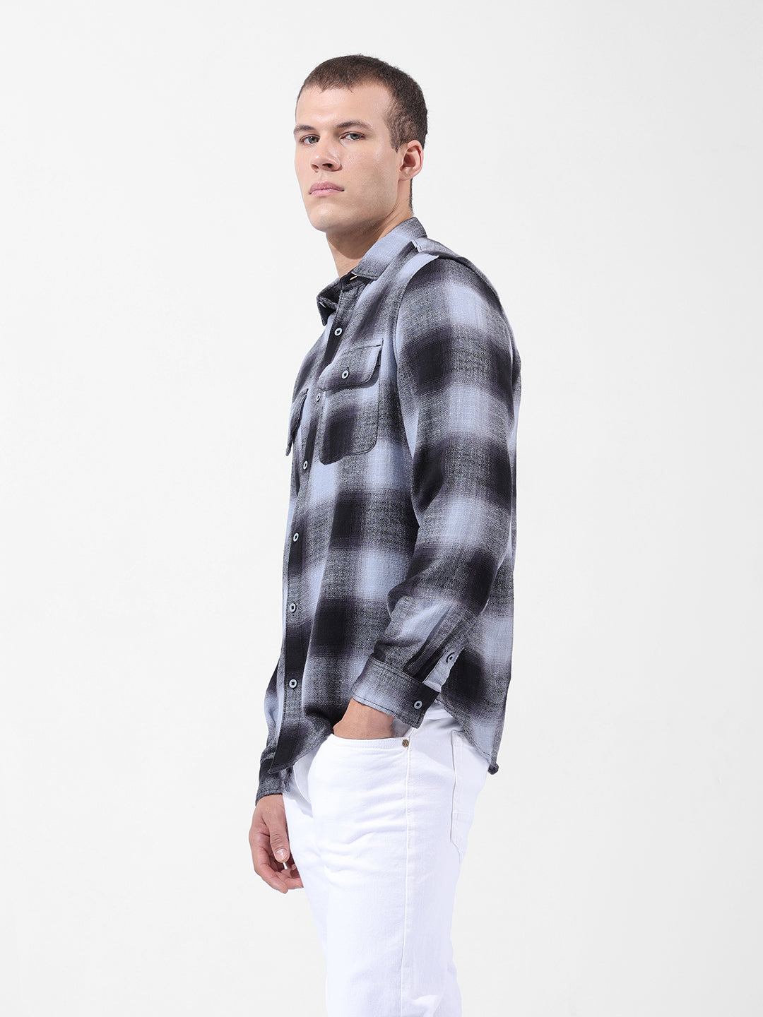Men's Grey Slim Fit Checked Casual Shirt