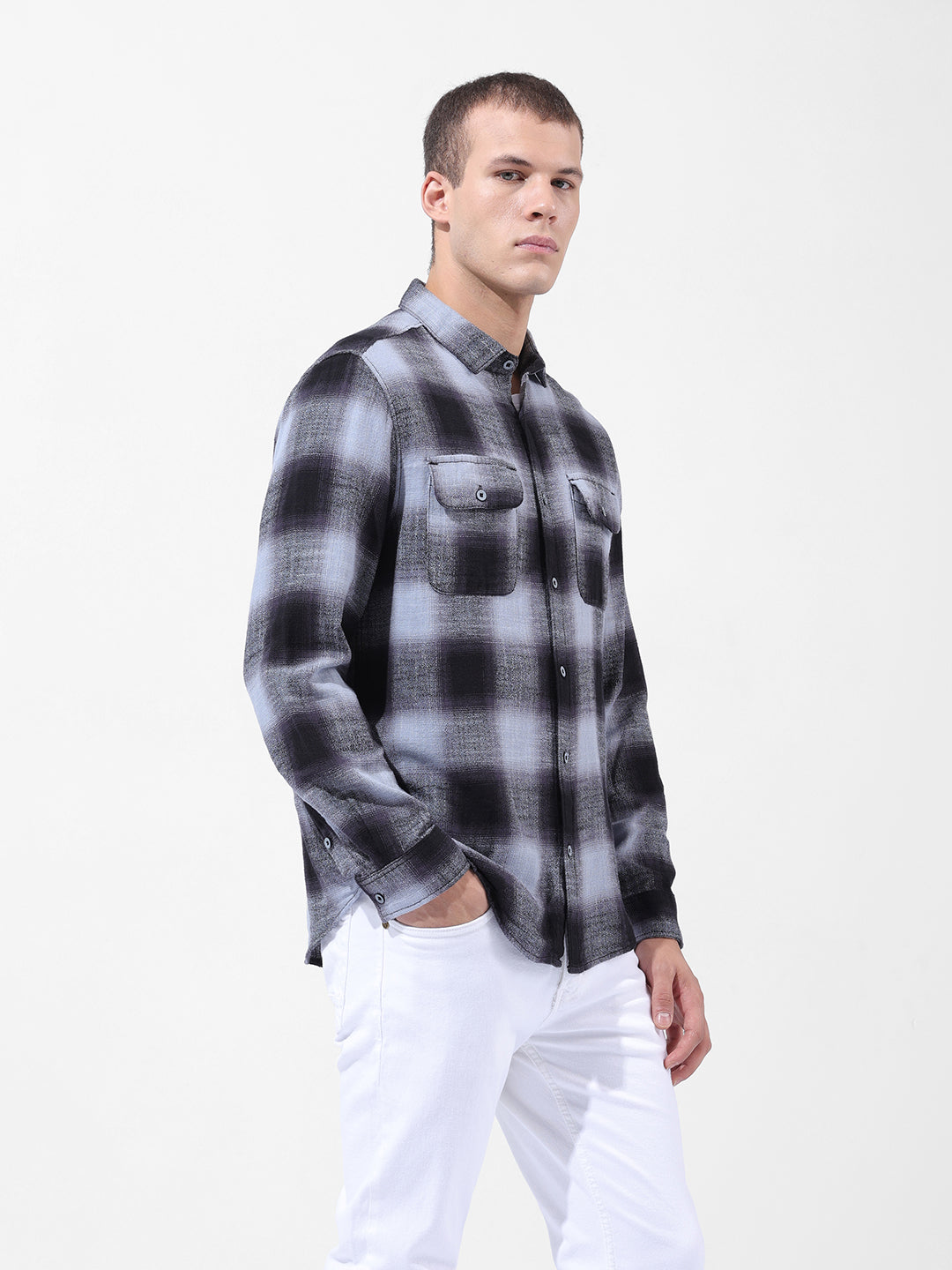 Men's Grey Slim Fit Checked Casual Shirt