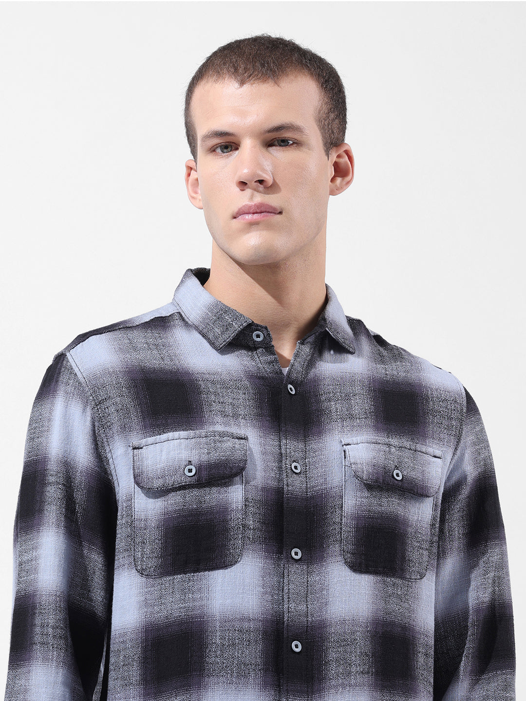 Men's Grey Slim Fit Checked Casual Shirt