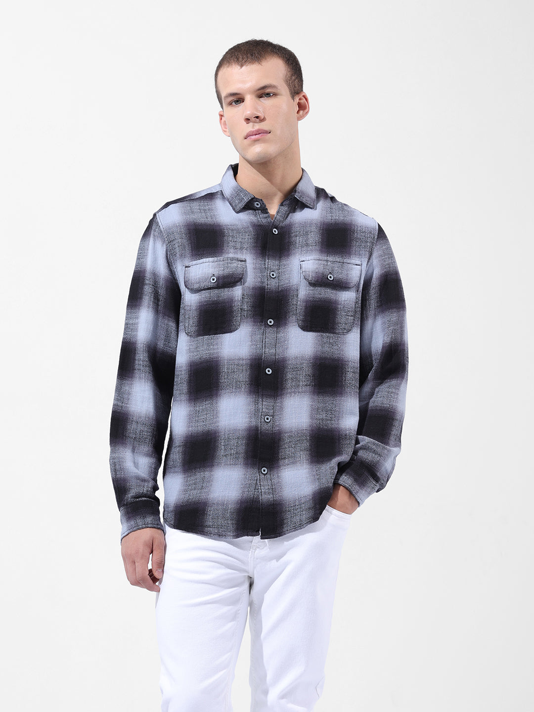Men's Grey Slim Fit Checked Casual Shirt
