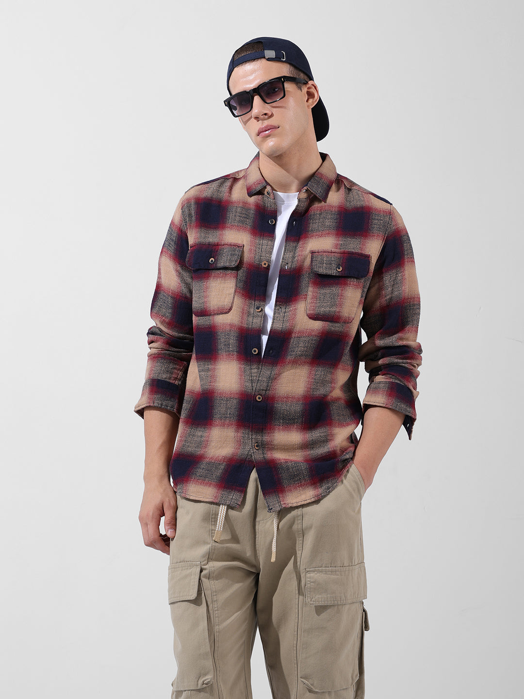 Men's Khaki Slim Fit Checked Casual Shirt