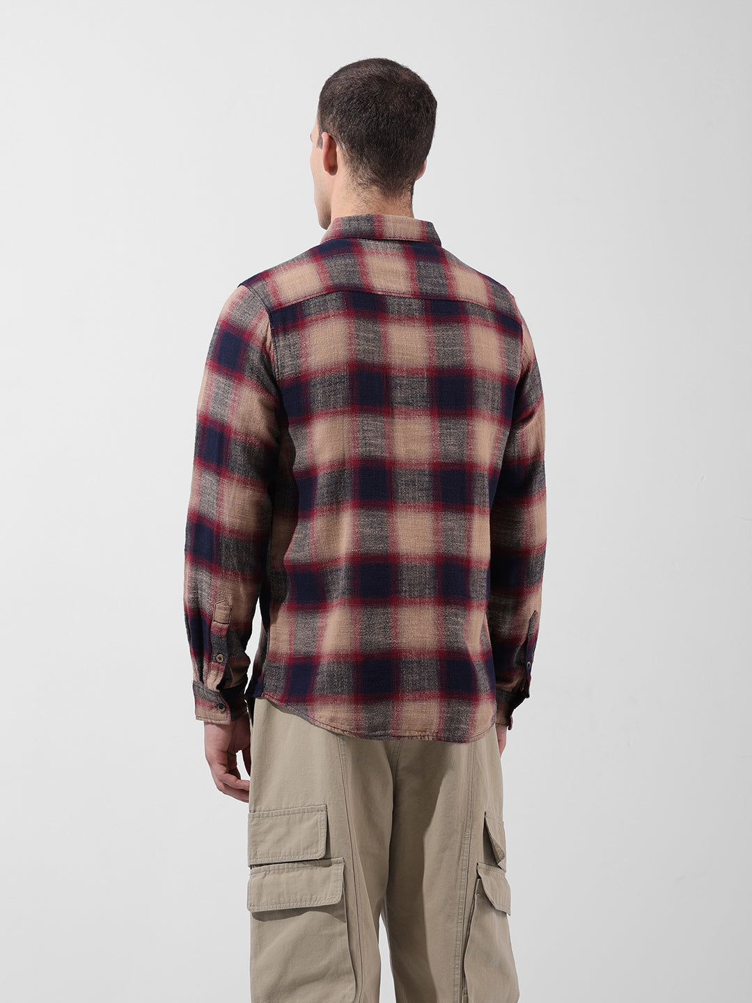 Men's Khaki Slim Fit Checked Casual Shirt