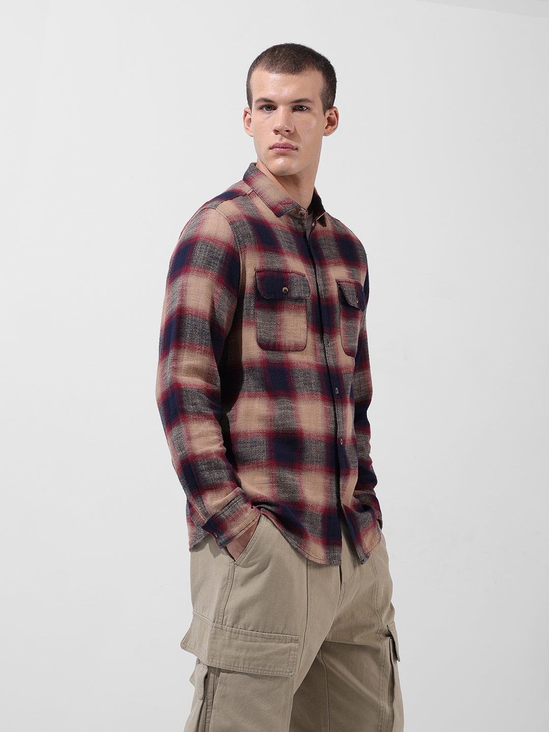 Men's Khaki Slim Fit Checked Casual Shirt