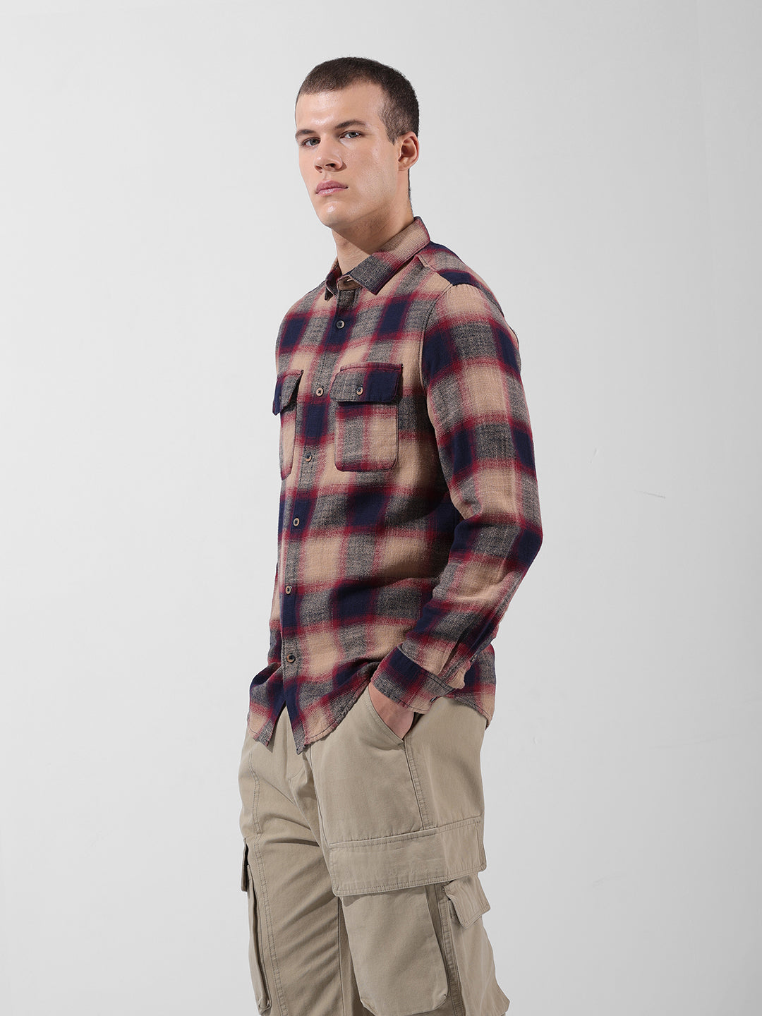 Men's Khaki Slim Fit Checked Casual Shirt