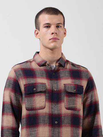 Men's Khaki Slim Fit Checked Casual Shirt