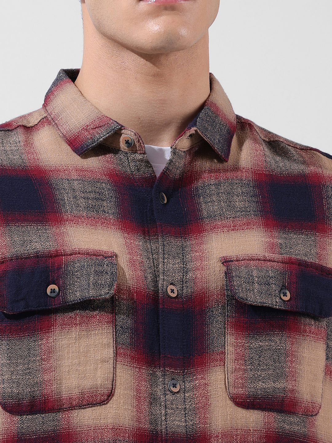 Men's Khaki Slim Fit Checked Casual Shirt