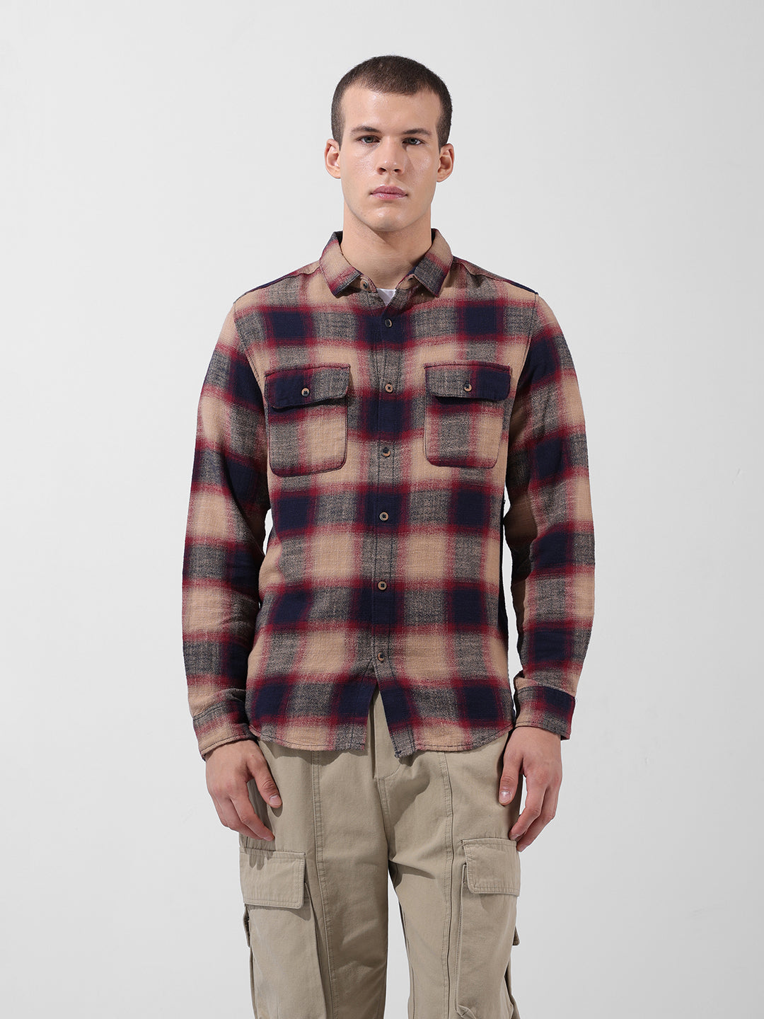 Men's Khaki Slim Fit Checked Casual Shirt