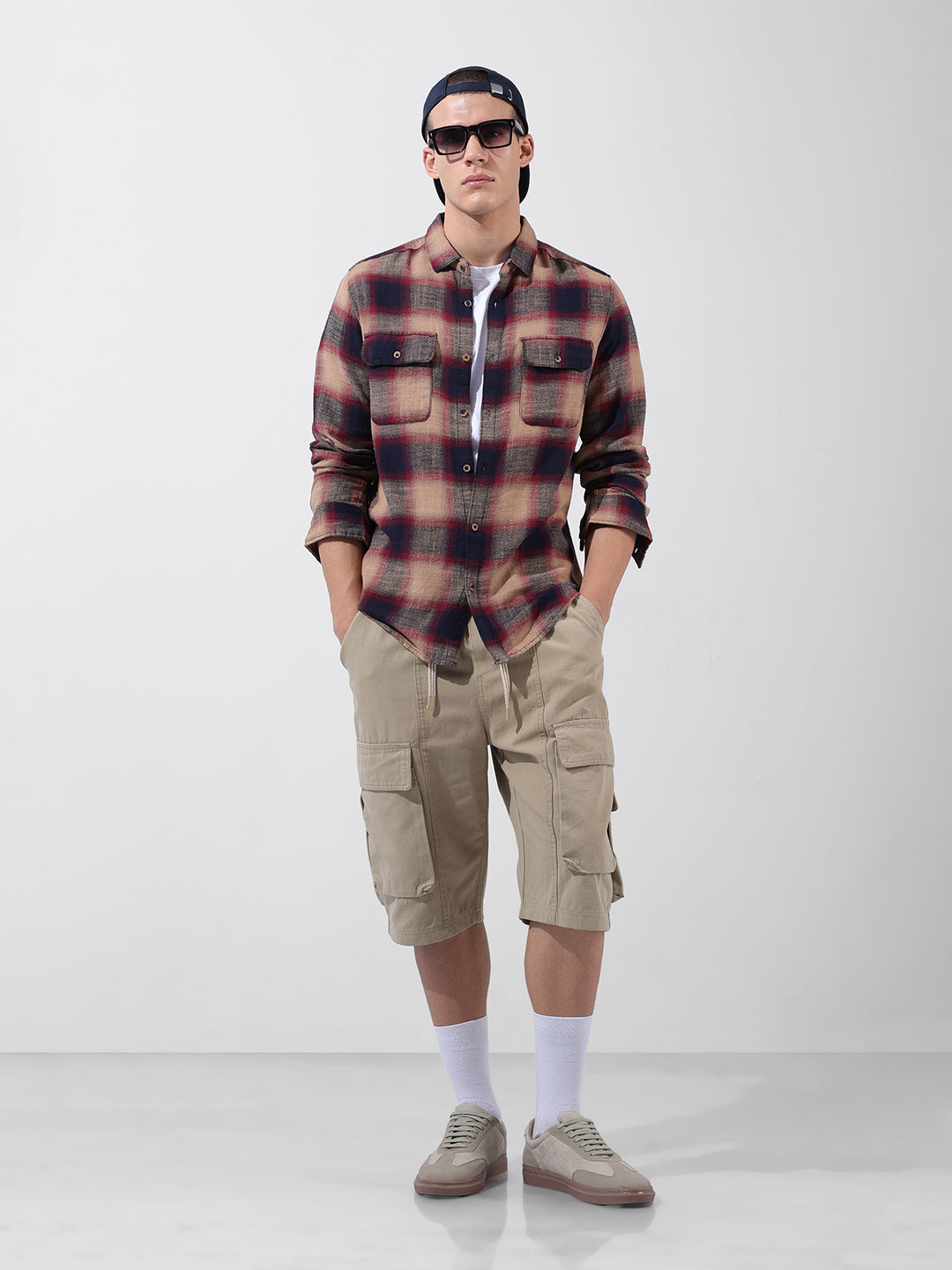 Men's Khaki Slim Fit Checked Casual Shirt