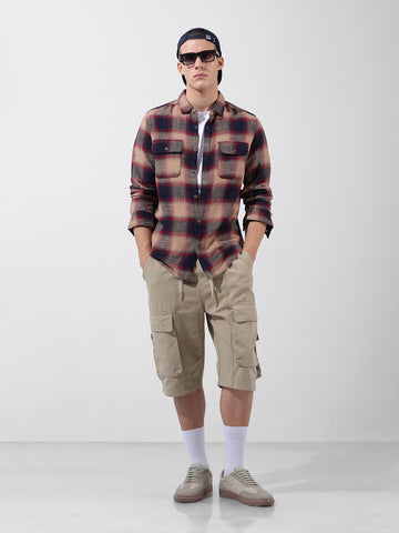 Men's Khaki Slim Fit Checked Casual Shirt