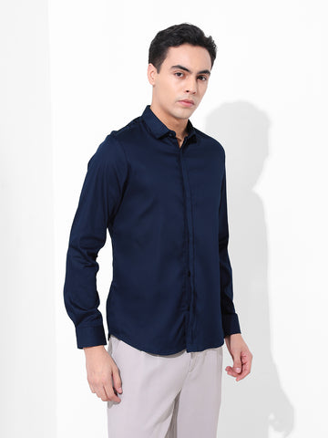 Men's Navy Blue Slim Fit Printed Party Wear Shirt