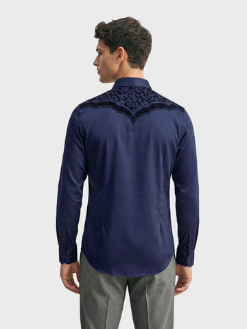 Men's Navy Blue Slim Fit Embraided Party Wear Shirt