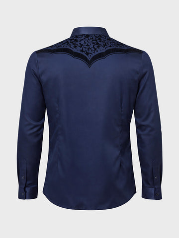 Men's Navy Blue Slim Fit Embraided Party Wear Shirt