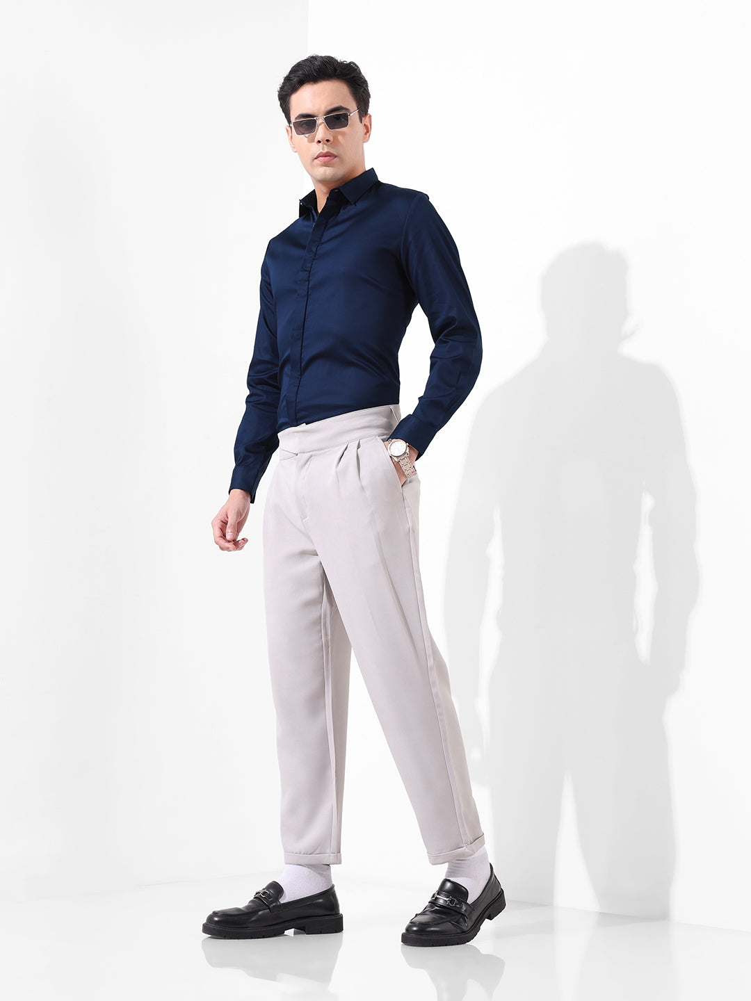 Men's Navy Blue Slim Fit Printed Party Wear Shirt