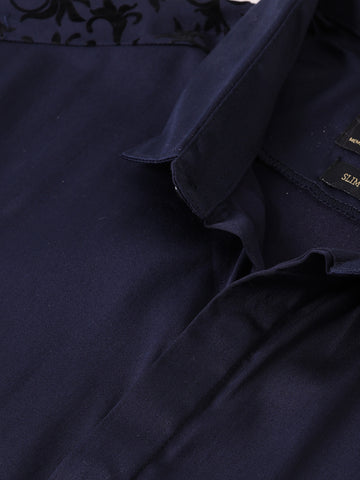 Men's Navy Blue Slim Fit Printed Party Wear Shirt