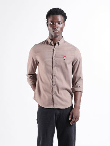 Men's Brown Slim Fit Embroided  Casual Shirt