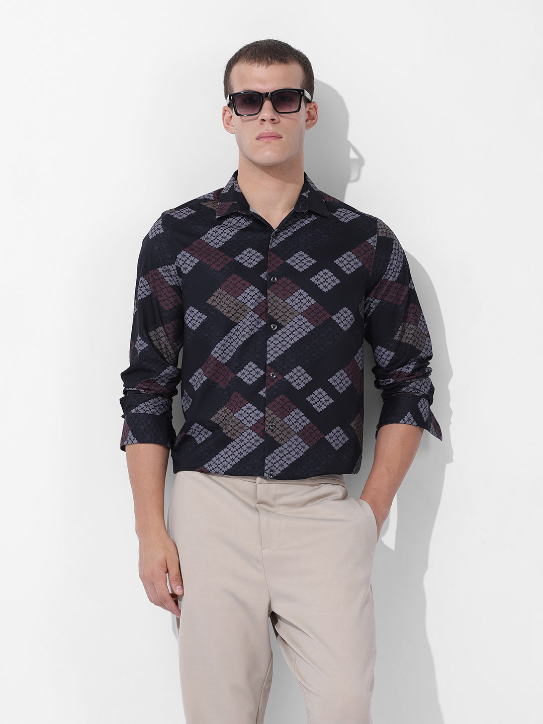 Men's Black Slim Fit Printed Party Wear Shirt