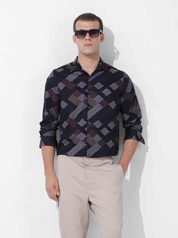 Men's Black Slim Fit Printed Party Wear Shirt