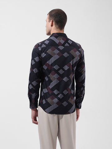 Men's Black Slim Fit Printed Party Wear Shirt
