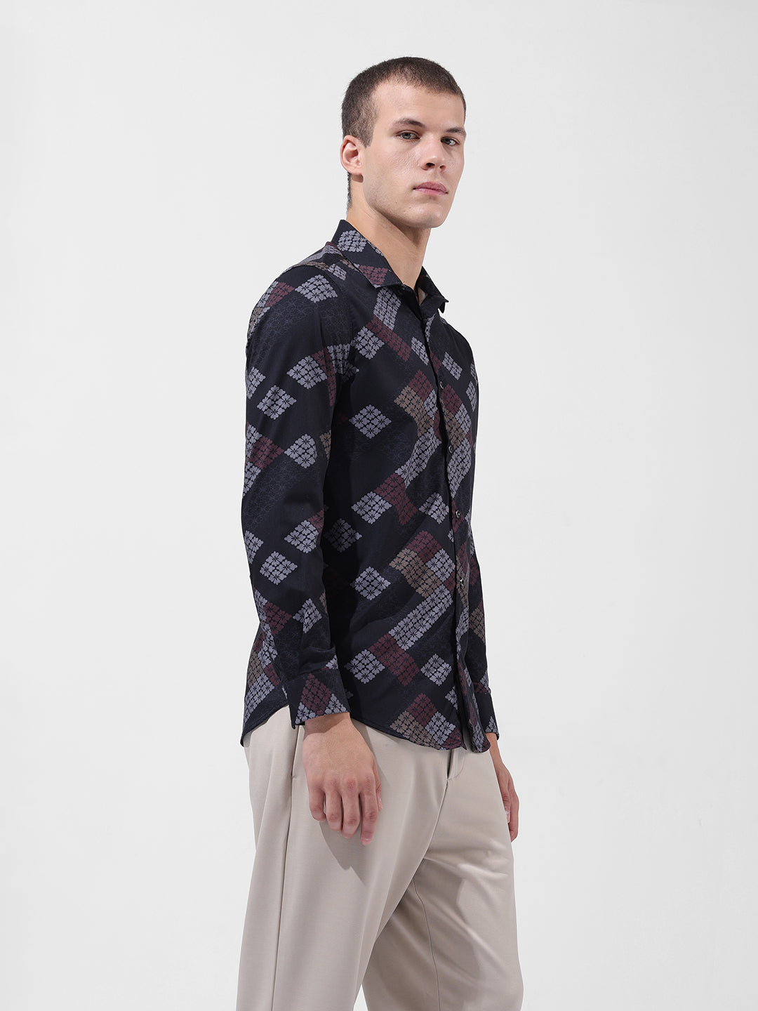 Men's Black Slim Fit Printed Party Wear Shirt