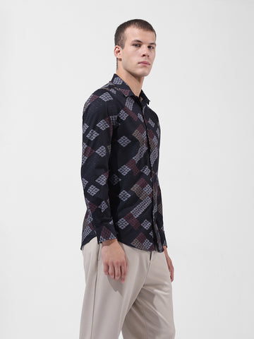 Men's Black Slim Fit Printed Party Wear Shirt