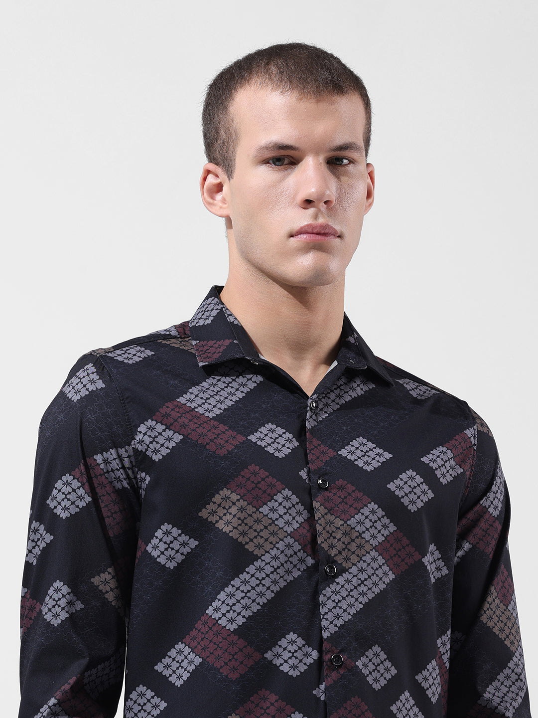 Men's Black Slim Fit Printed Party Wear Shirt