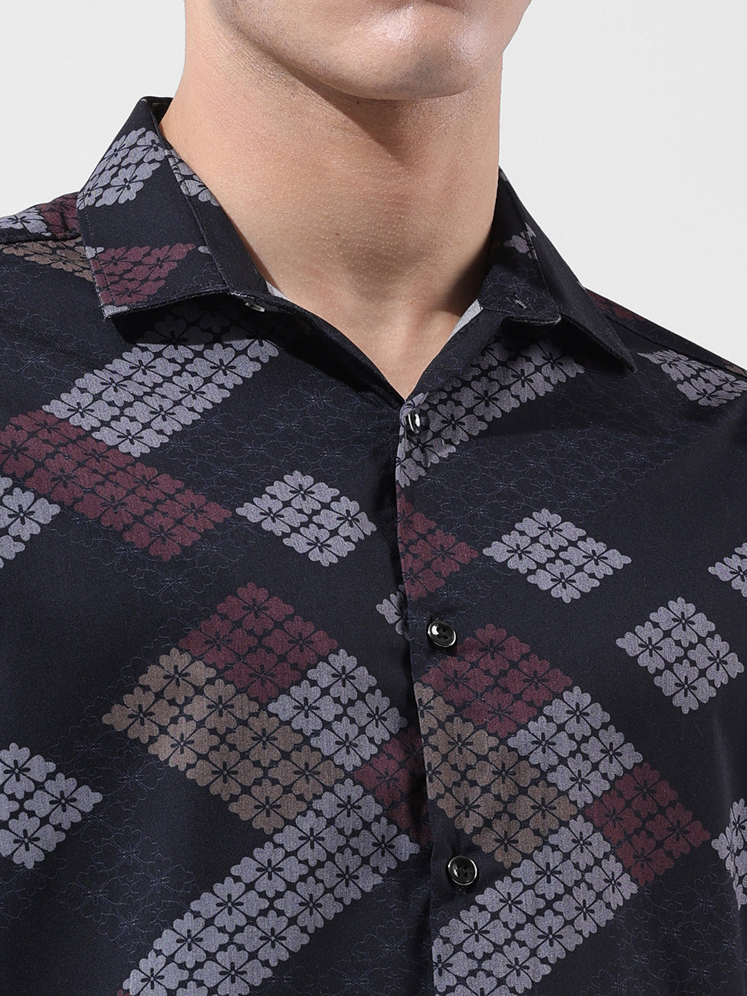 Men's Black Slim Fit Printed Party Wear Shirt