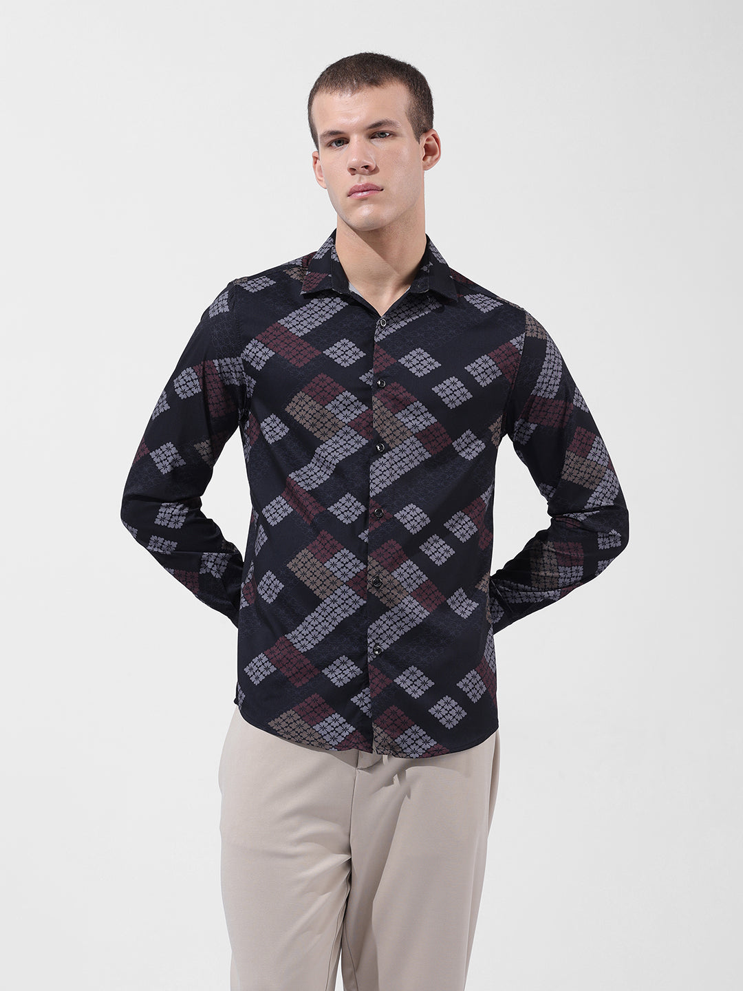 Men's Black Slim Fit Printed Party Wear Shirt