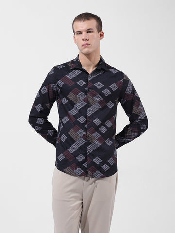 Men's Black Slim Fit Printed Party Wear Shirt