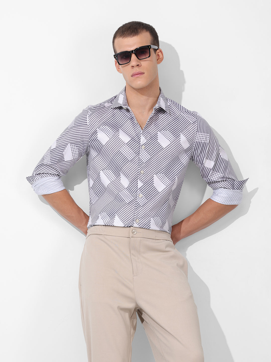 Men's Grey Slim Fit Printed Party Wear Shirt