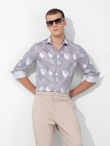 Men's Grey Slim Fit Printed Party Wear Shirt