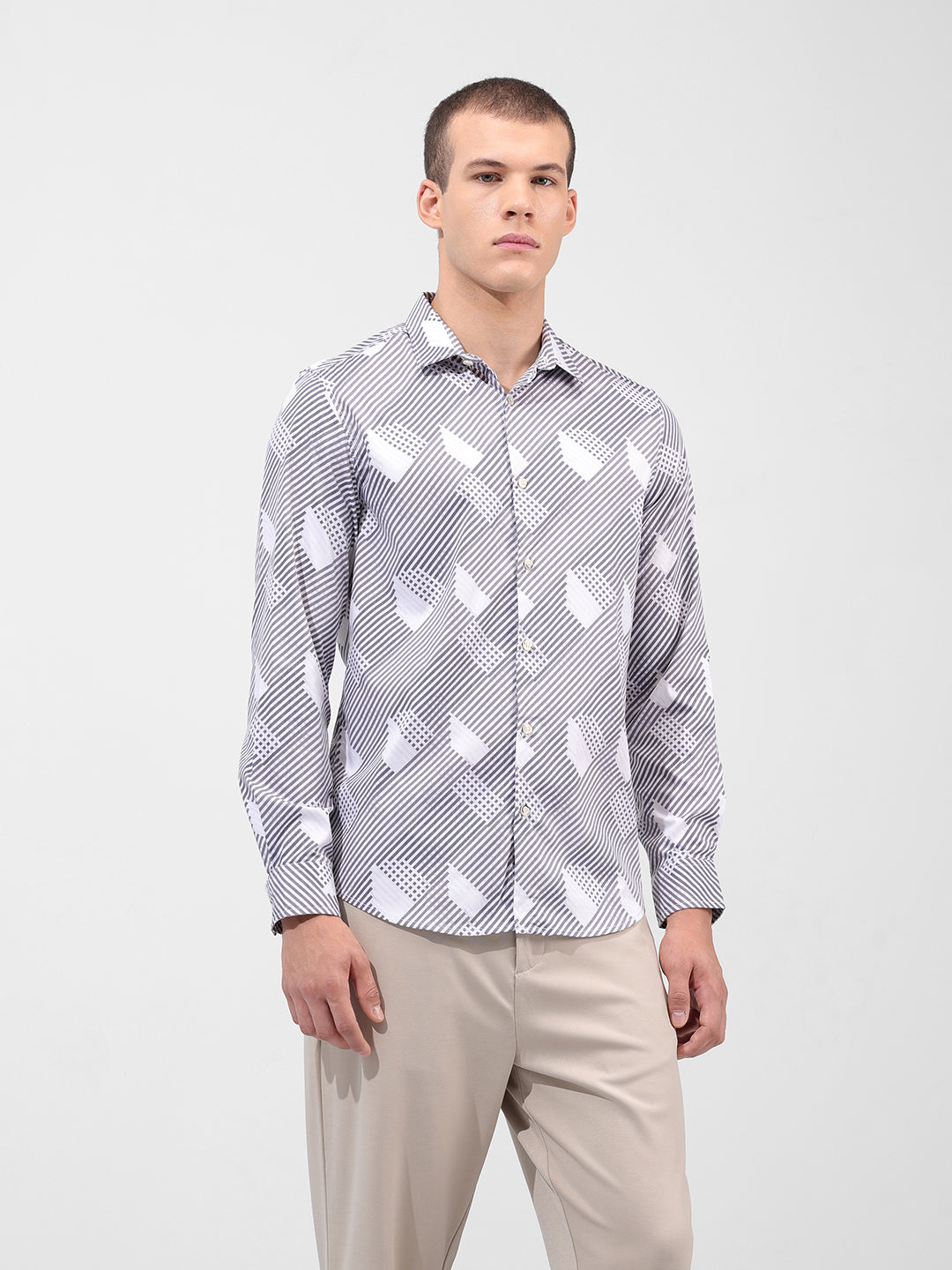 Men's Grey Slim Fit Printed Party Wear Shirt
