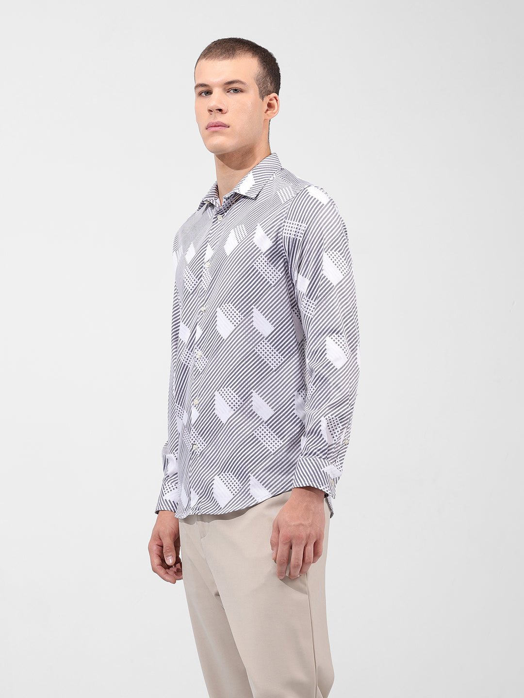 Men's Grey Slim Fit Printed Party Wear Shirt