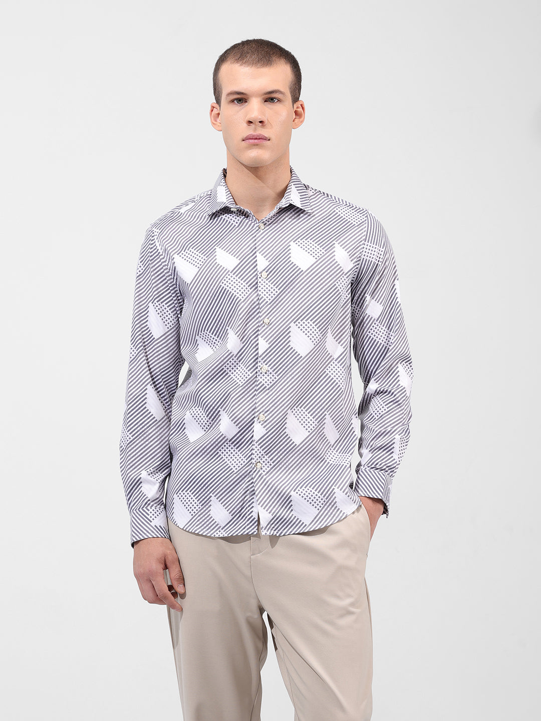 Men's Grey Slim Fit Printed Party Wear Shirt