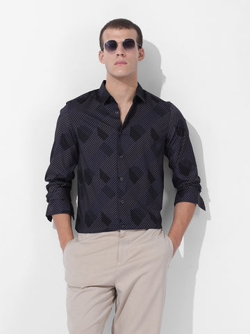 Men's Black Slim Fit Printed Party Wear Shirt