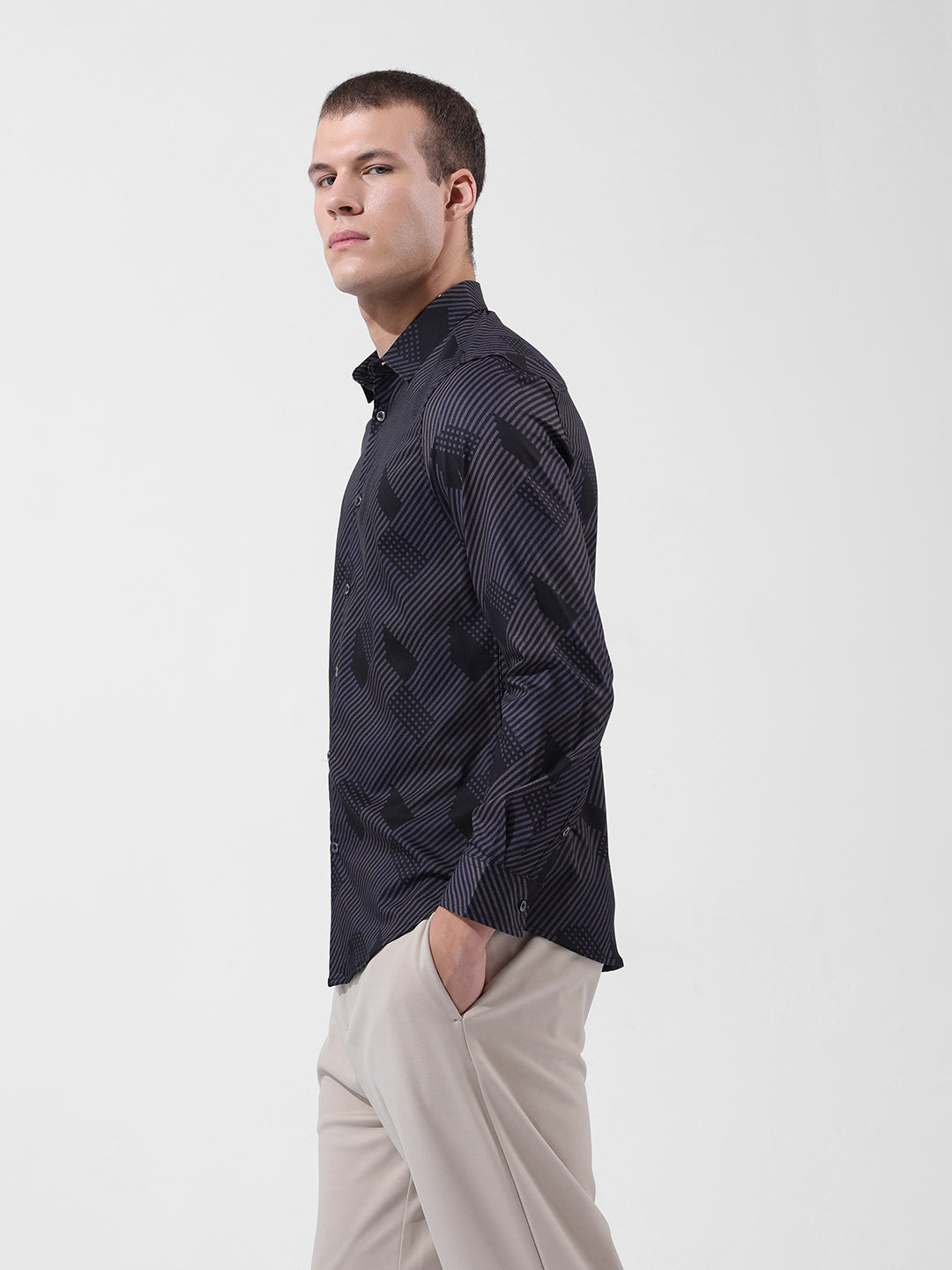 Men's Black Slim Fit Printed Party Wear Shirt