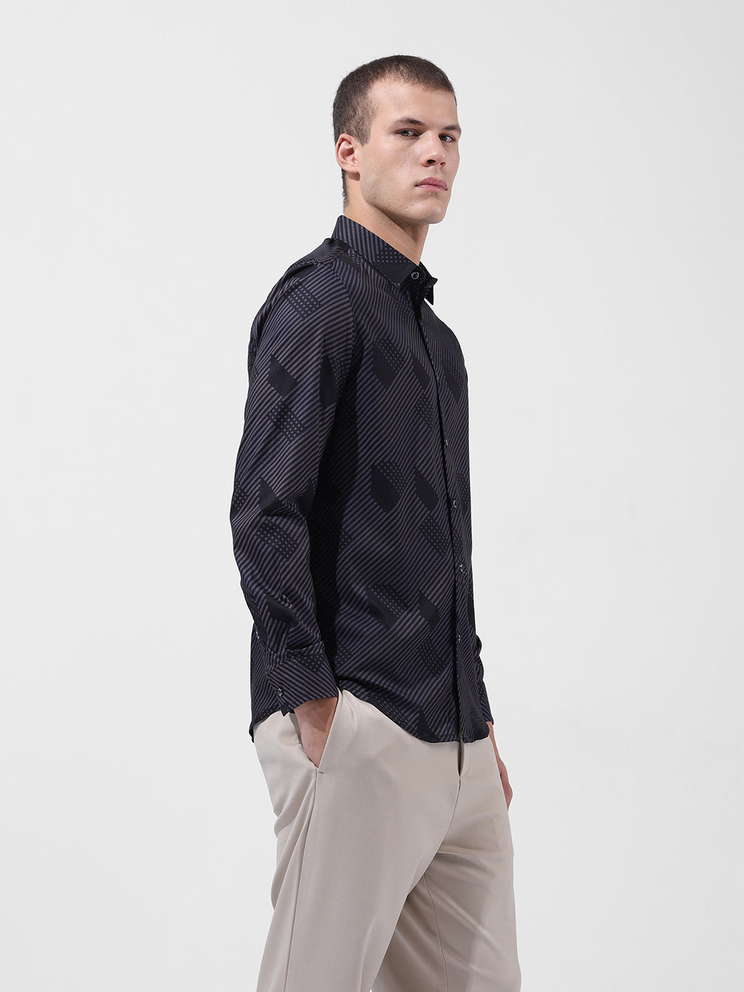 Men's Black Slim Fit Printed Party Wear Shirt