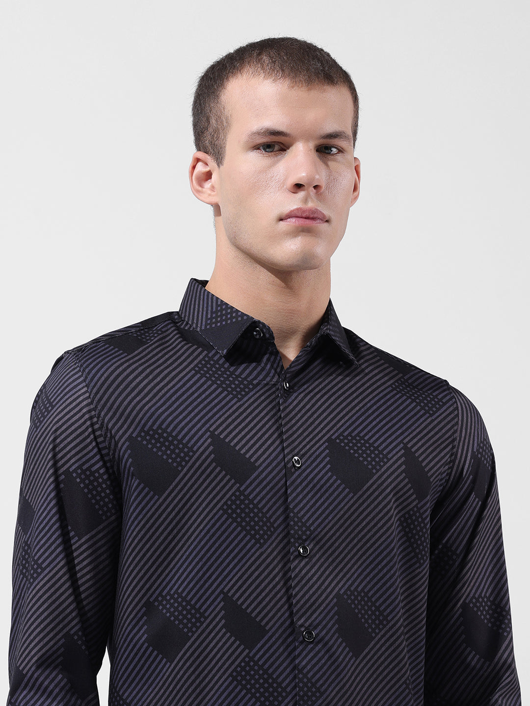 Men's Black Slim Fit Printed Party Wear Shirt