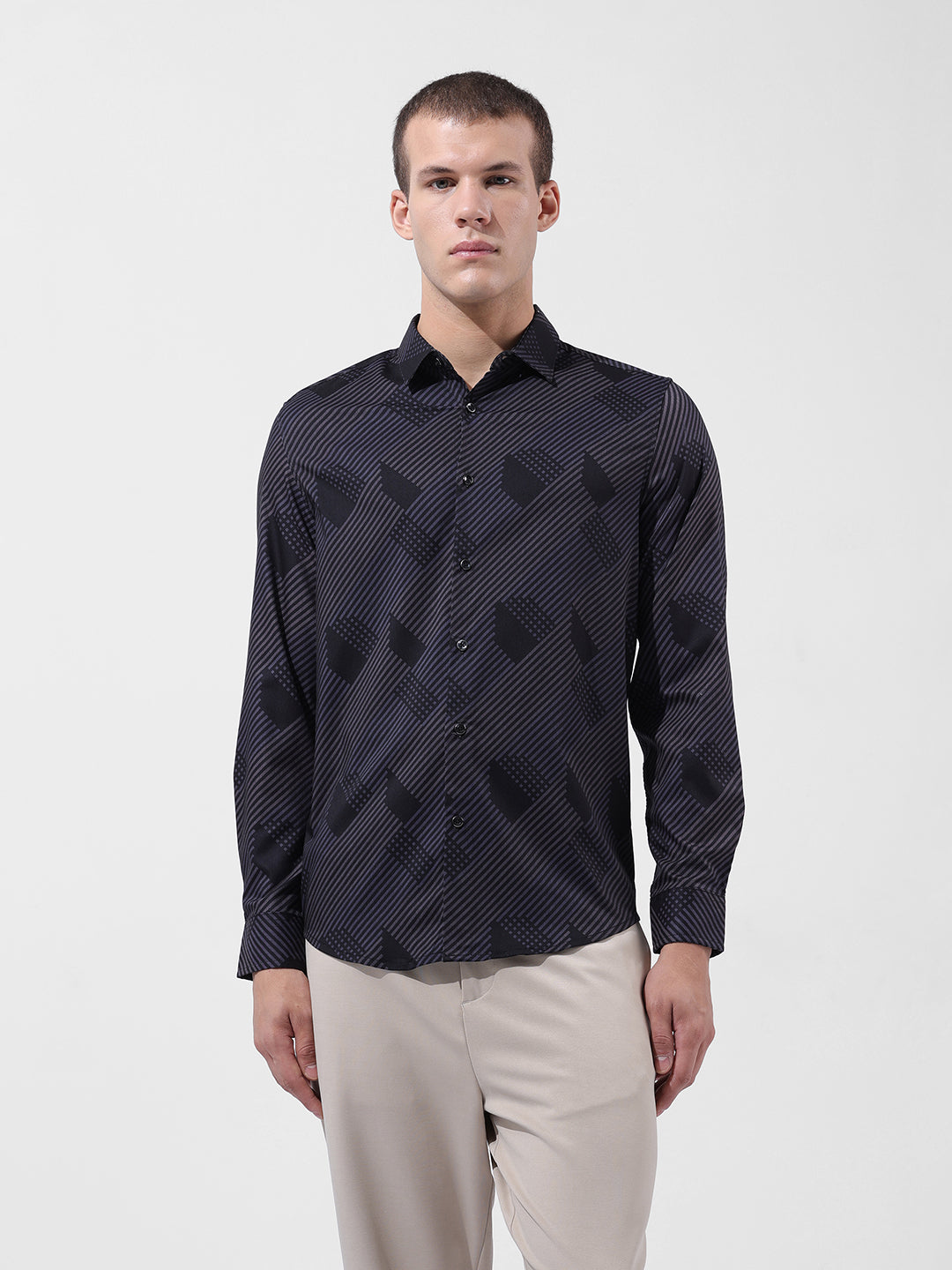 Men's Black Slim Fit Printed Party Wear Shirt