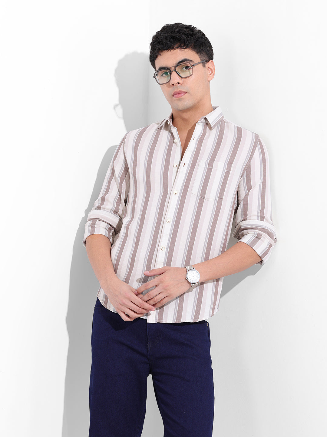 Men's Cream Slim Fit Striped Casual Shirt