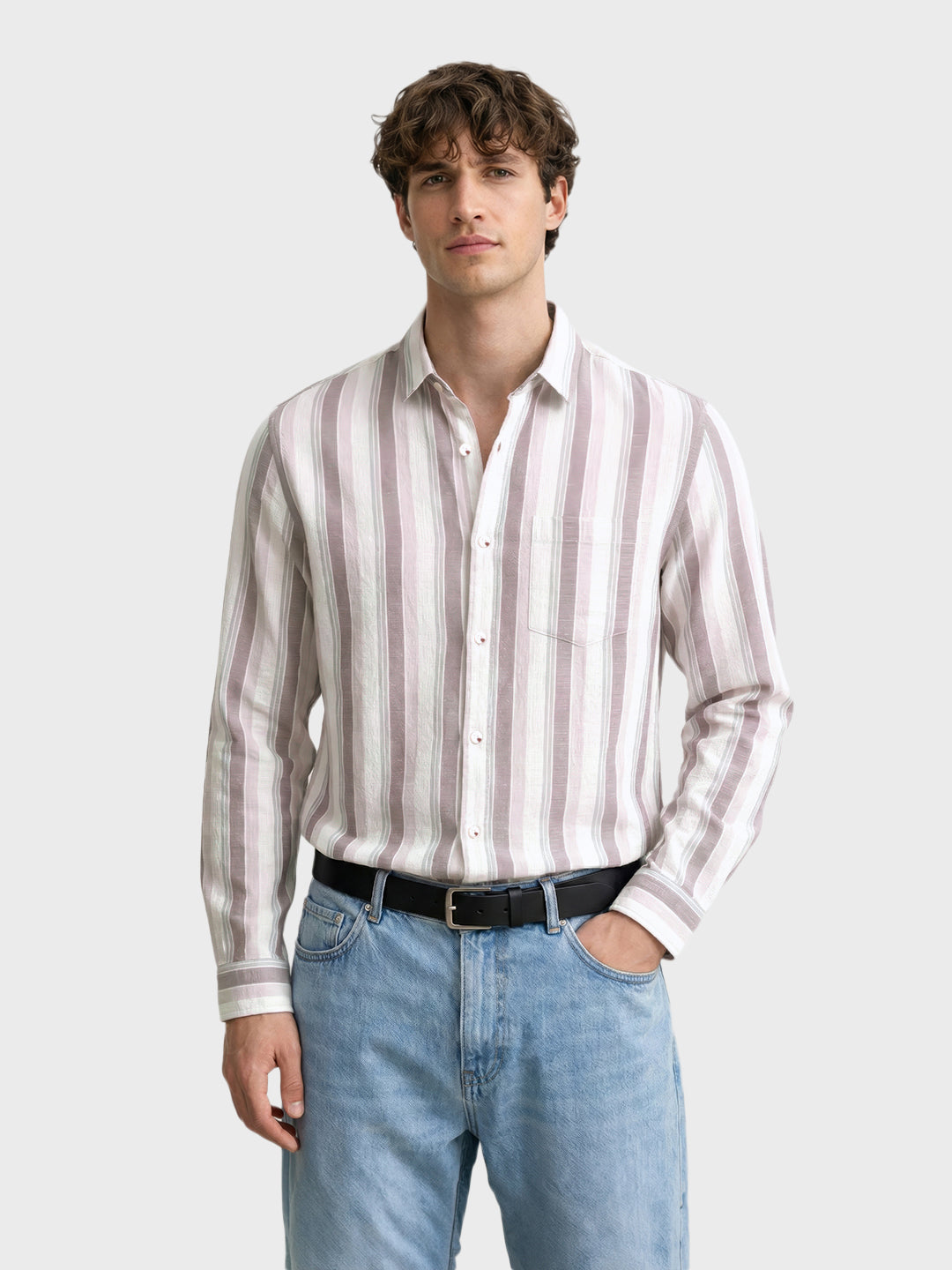 Men's Cream Slim Fit Striped Casual Shirt