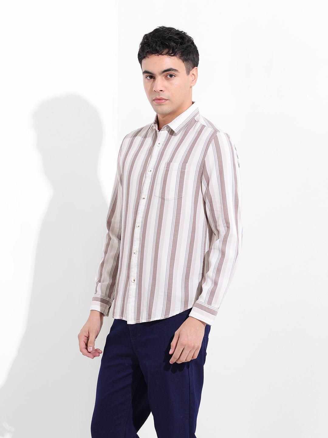 Men's Cream Slim Fit Striped Casual Shirt