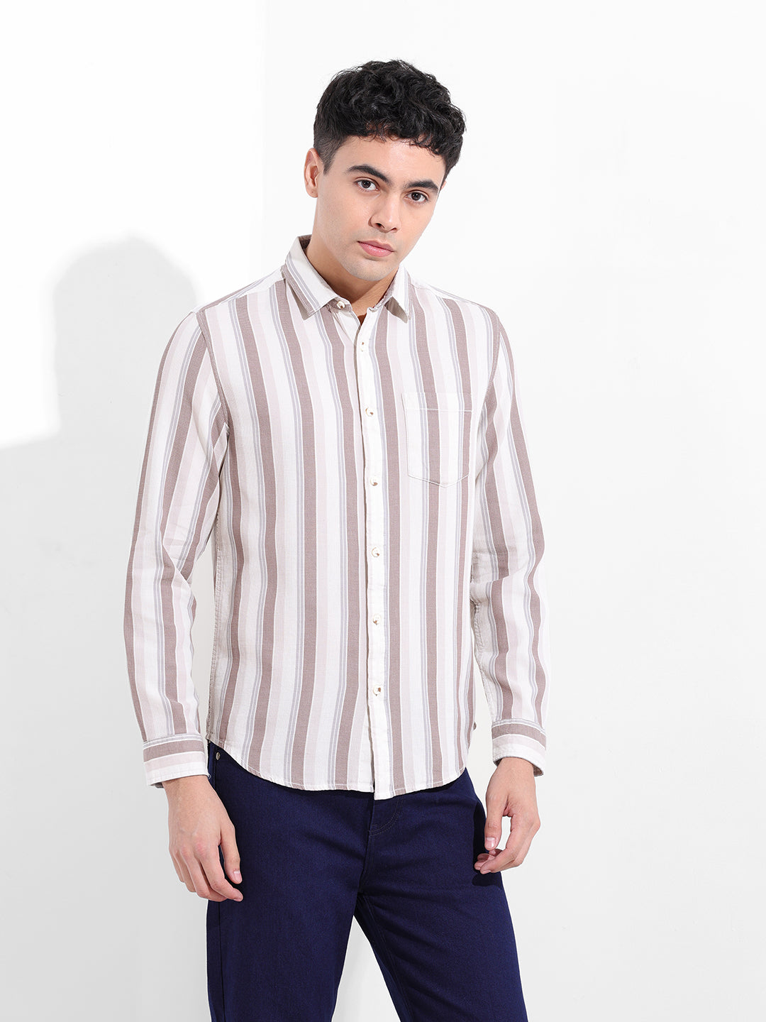 Men's Cream Slim Fit Striped Casual Shirt