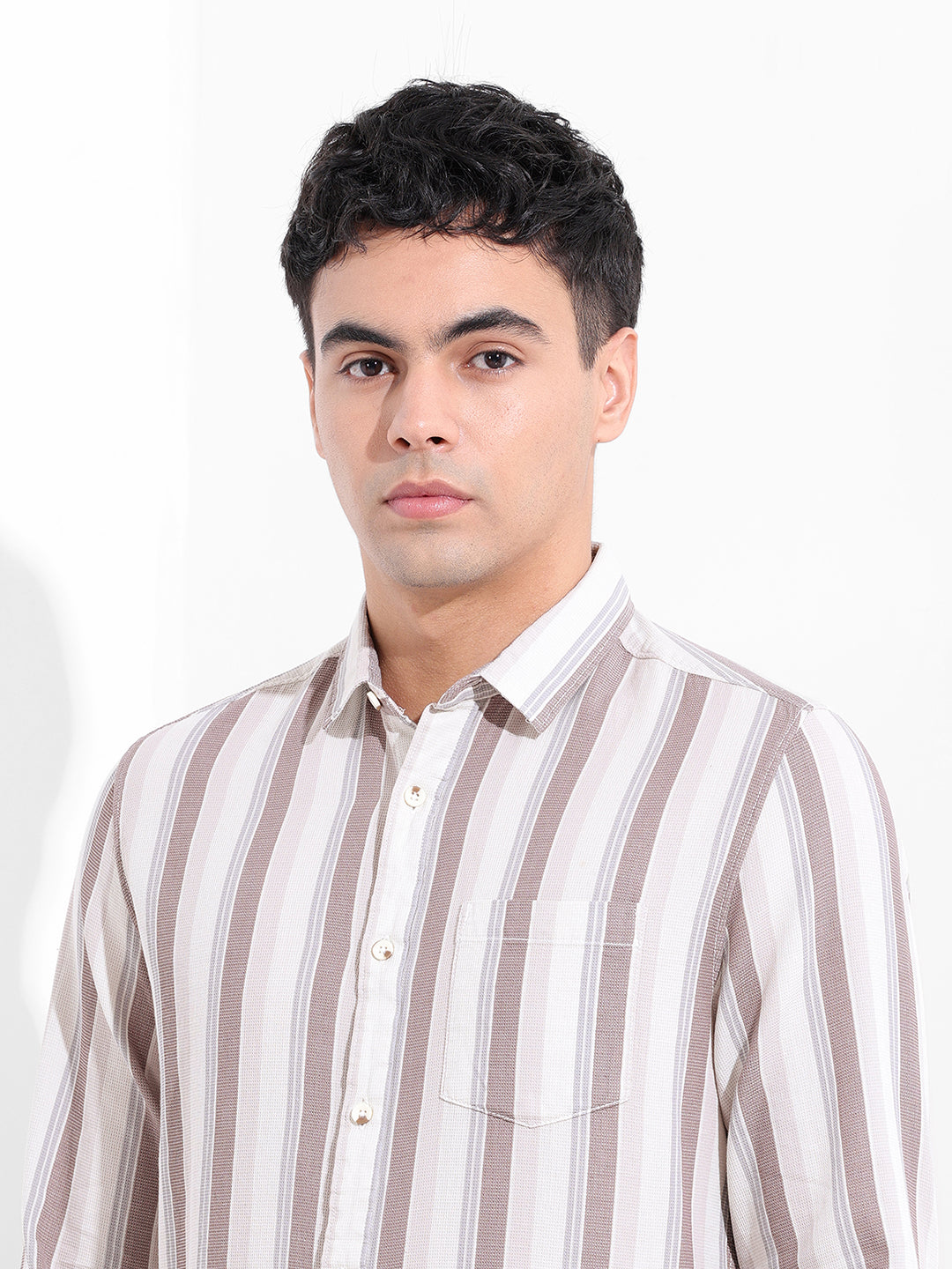 Men's Cream Slim Fit Striped Casual Shirt