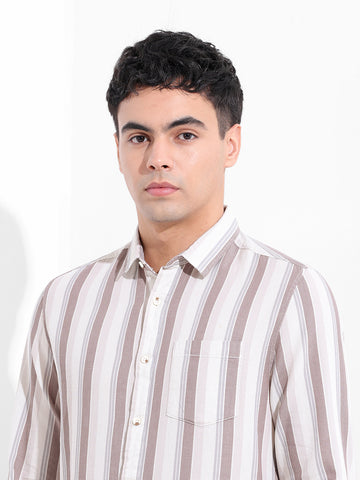 Men's Cream Slim Fit Striped Casual Shirt
