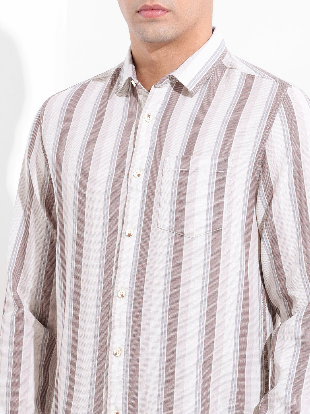Men's Cream Slim Fit Striped Casual Shirt