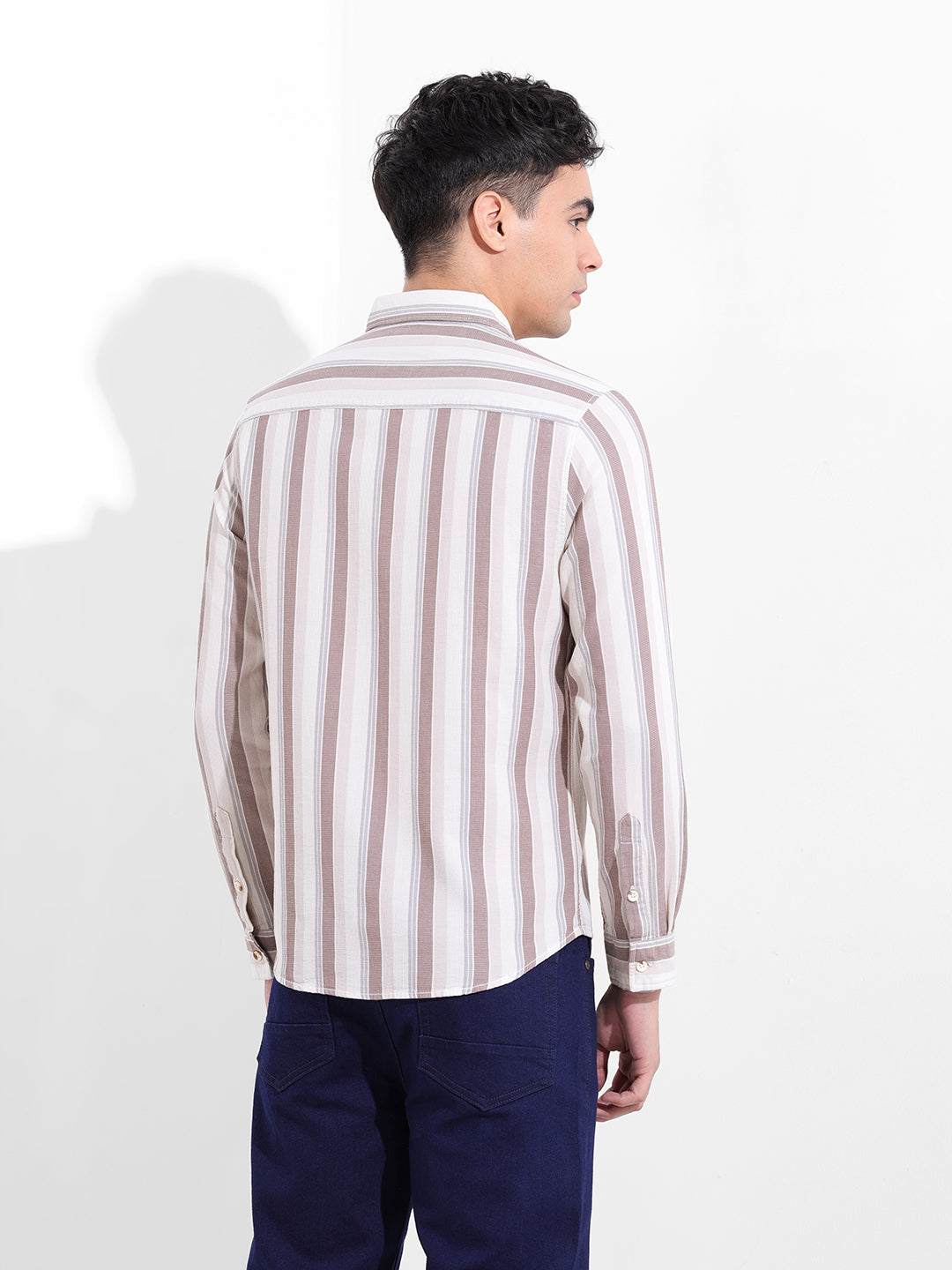 Men's Cream Slim Fit Striped Casual Shirt
